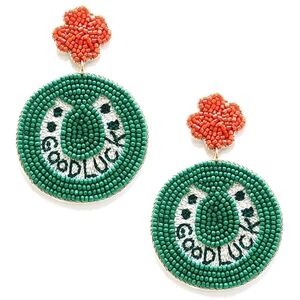 Good Luck Green Beaded Horseshoe Earrings with Coral Flower Stud